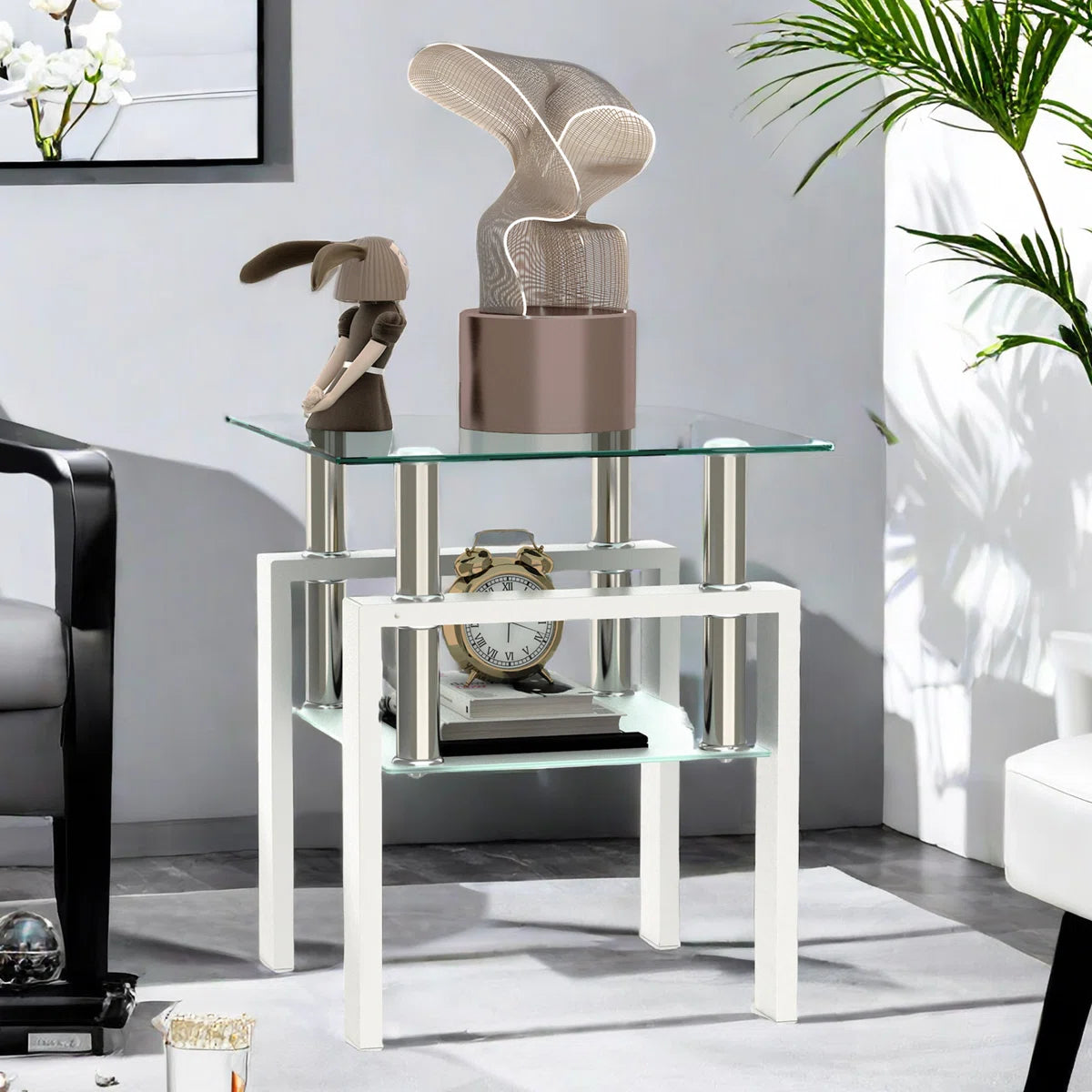 White Tempered Glass Square End Table