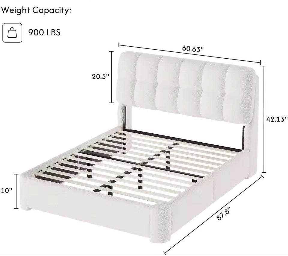Boucle Upholstered Cloud Bed Frame,  Cream Queen Size Tufted Bed