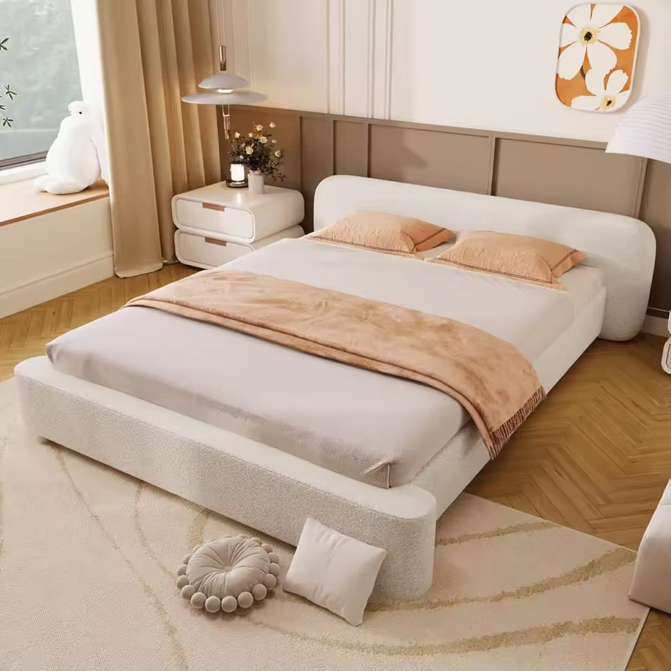 Queen Boucle Upholstered Platform Bed with Headboard in White