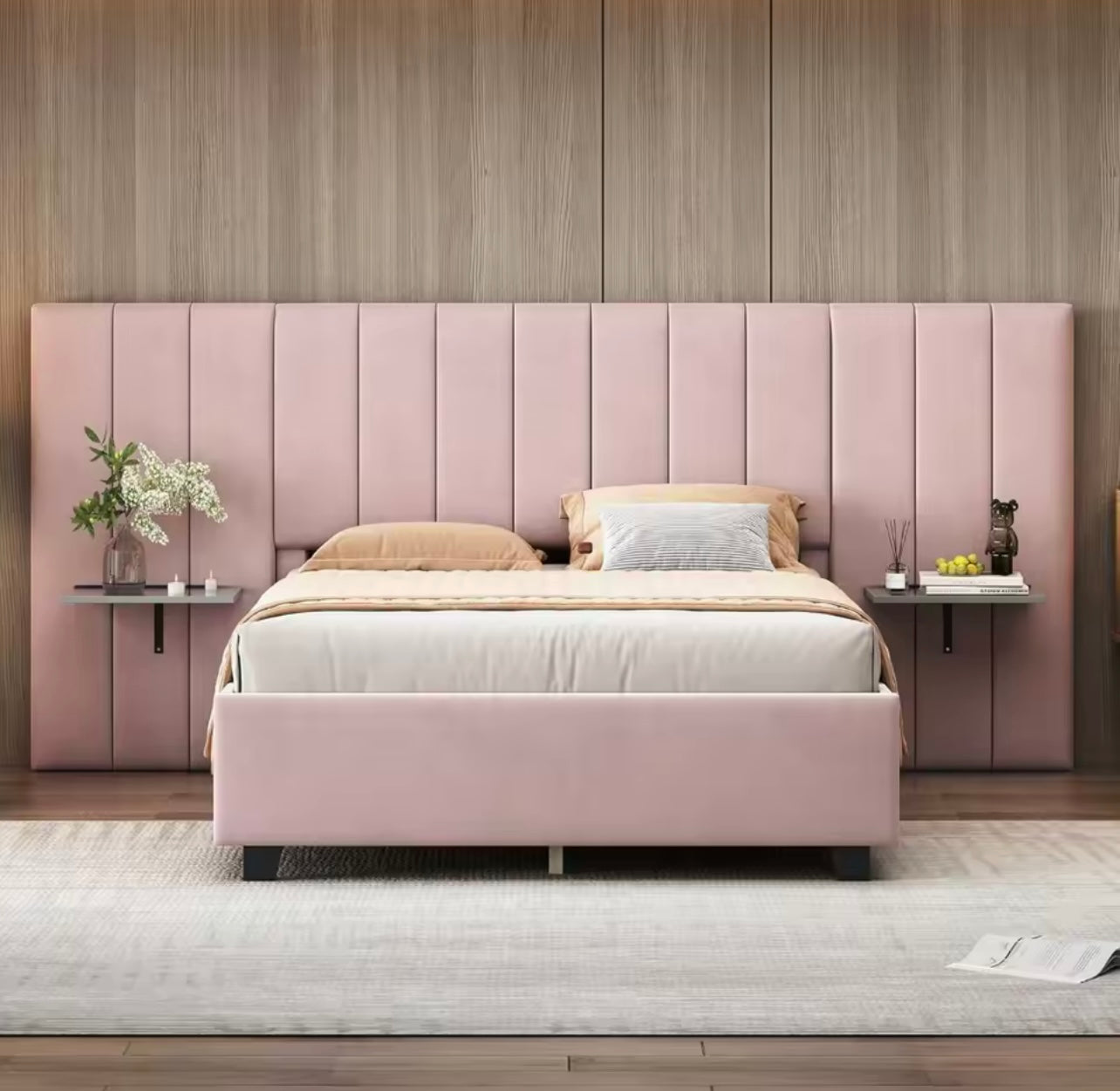 Pink Velvet Upholstered Queen Size Bed with Integrated Besides Shelves
