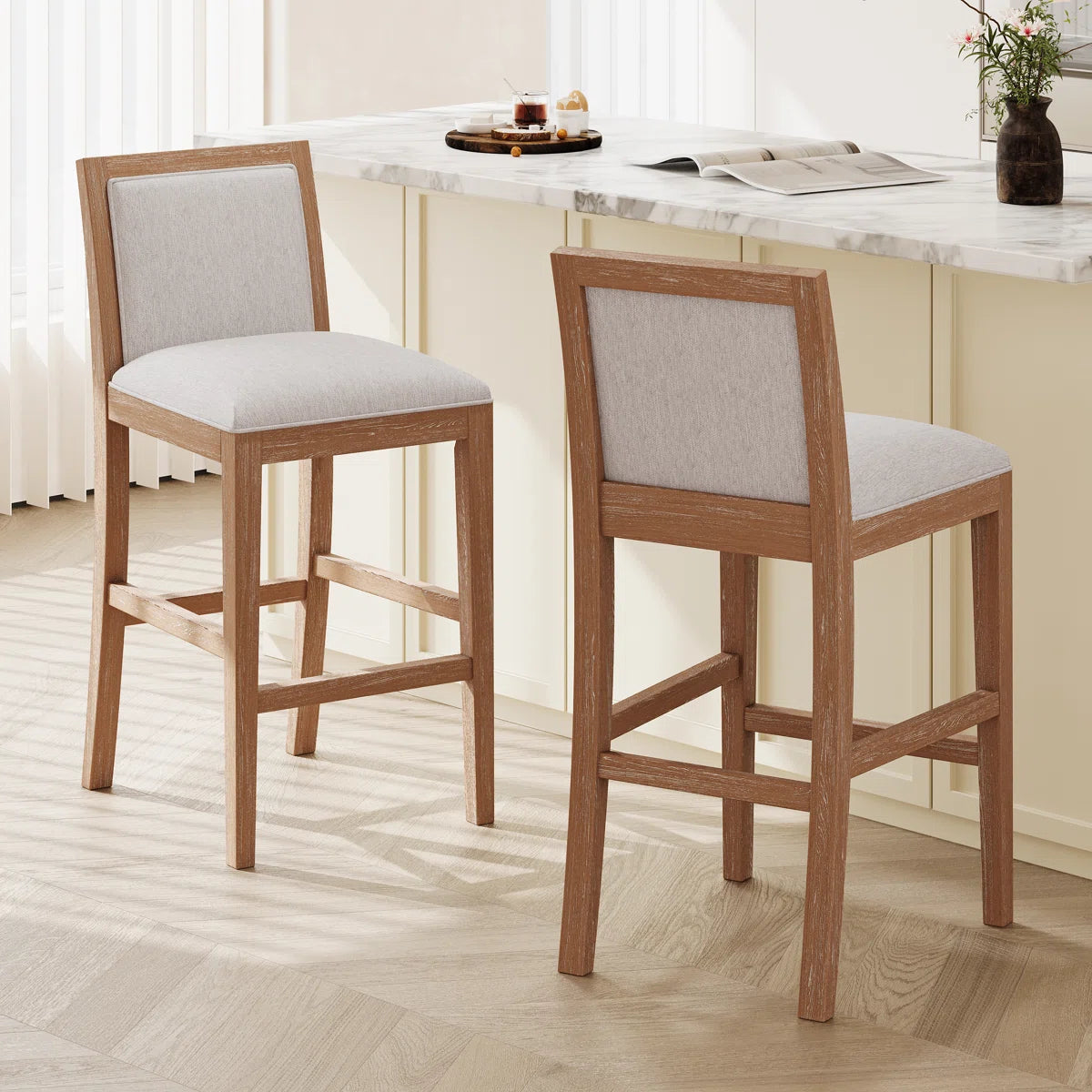 Set of 2 Beige Retro Fabric Bar Stools