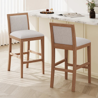 Set of 2 Beige Counter Stools - Retro Fabric Wood Bar Stools