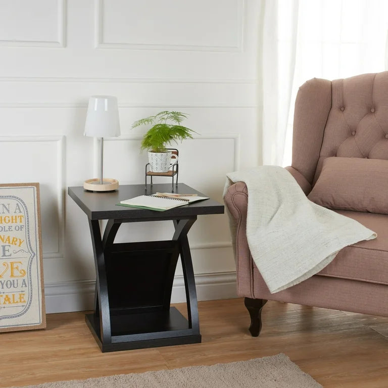 Modern Black X-Design End Table with Shelf