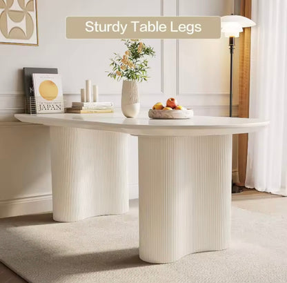 White Oval Dining Table with Ripple Legs, Modern 63” Table for 4–6