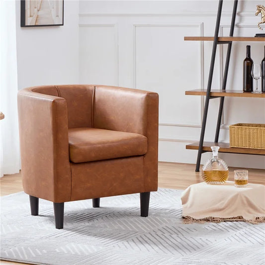 Modern Brown PU Leather Barrel Accent Chair