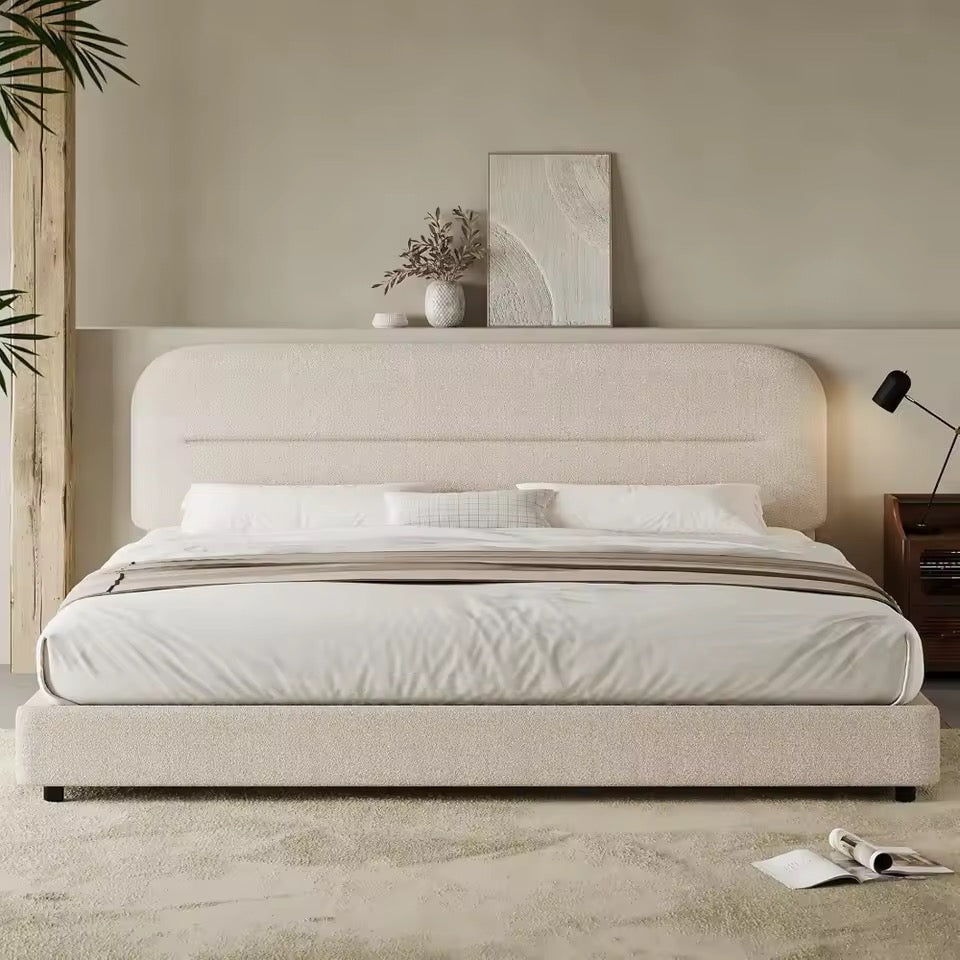 Upholstered Boucle Modern Platform Bed with Rounded Corners