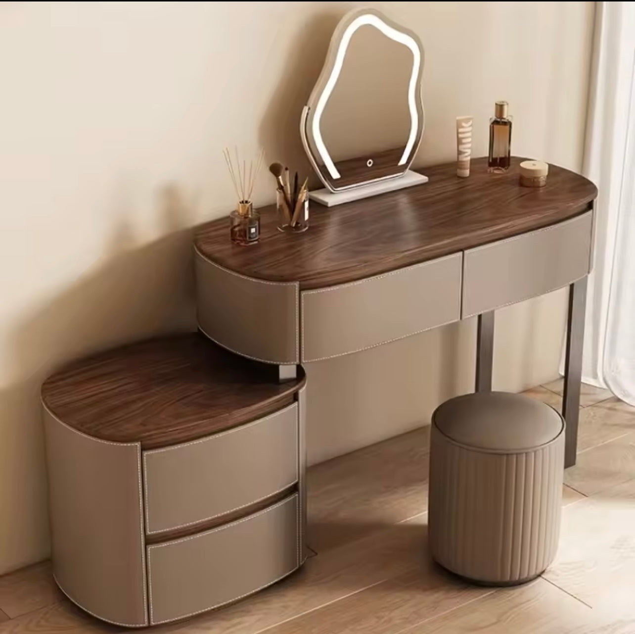 Saddle Leather Vanity Table with LED Mirror & Adjustable Storage, Walnut