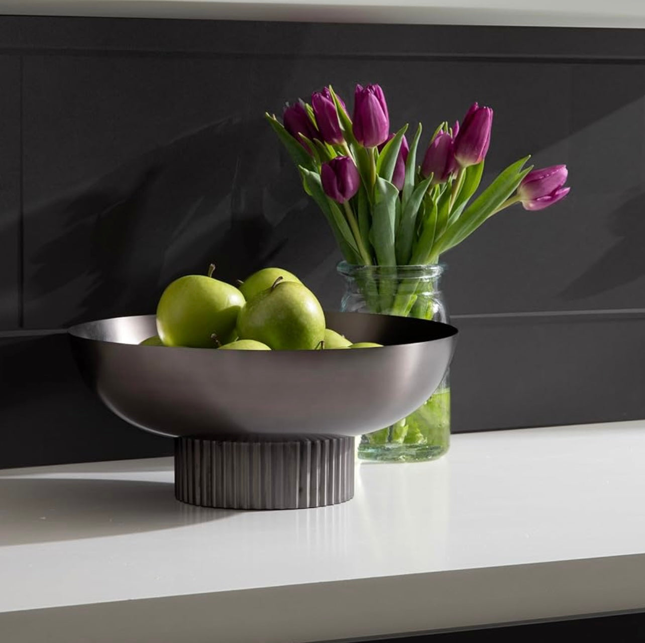 Ribbed Gunmetal Decorative Metal Bowl – 12”