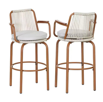 29” Rattan Outdoor Patio Bar Stools with Wood Grain Frame, Set of 2