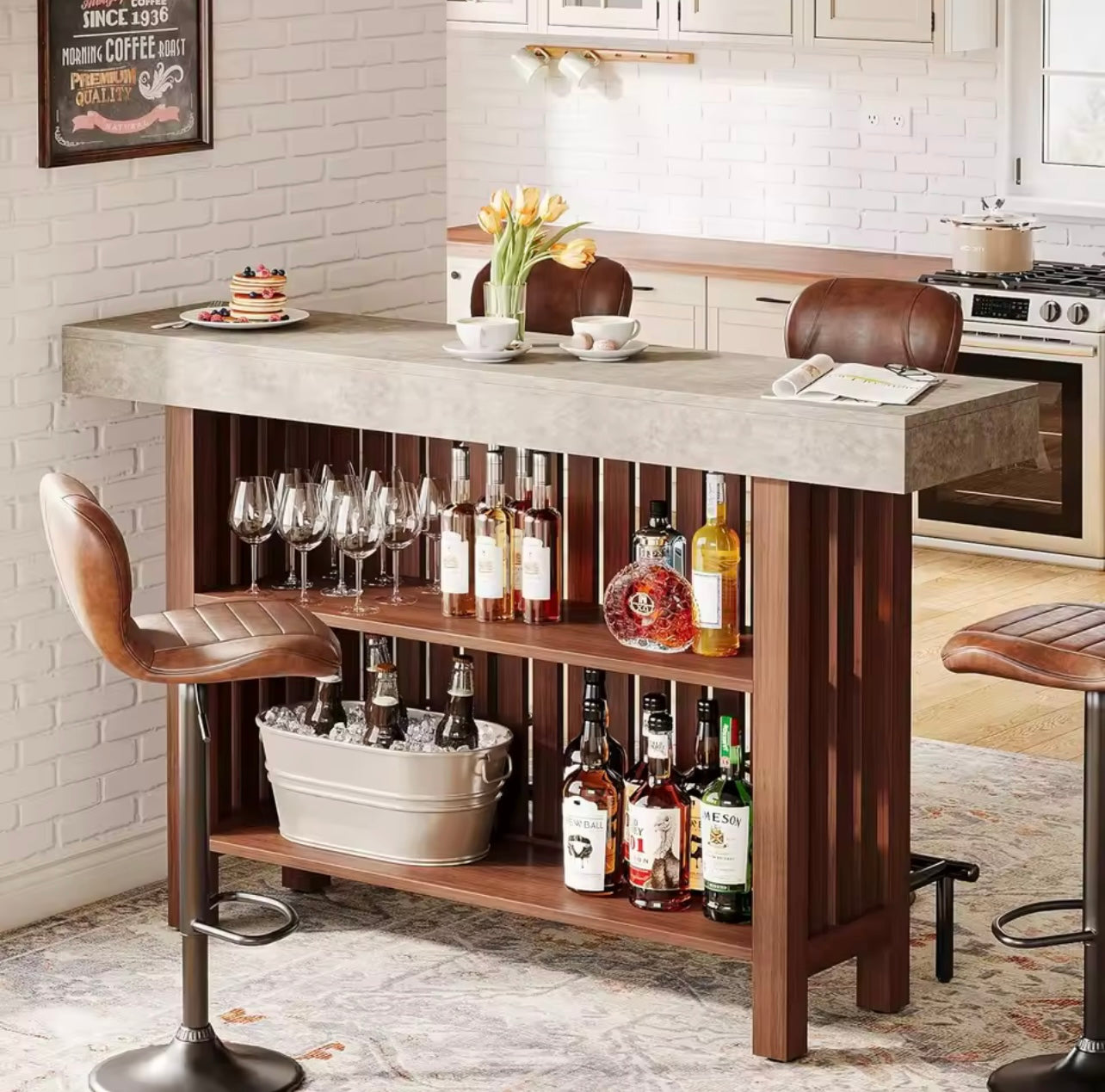 63” Modern Large Home Bar Unit with 2 Storage Shelves and Footrest