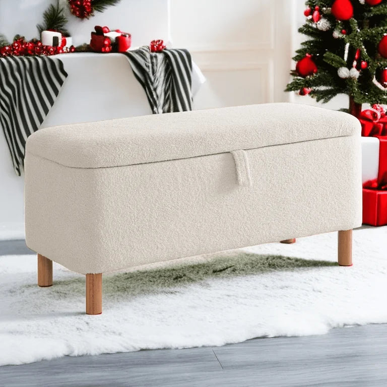 White Upholstered Entryway Storage Ottoman Bench