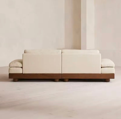 Beige Cotton and Linen French Minimalist Sofa with Walnut Base