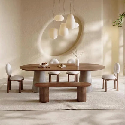 Multi-Purpose Solid Wood Oval Dining Table with Cement Iron Base