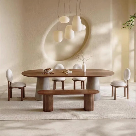 Multi-Purpose Solid Wood Oval Dining Table with Cement Iron Base