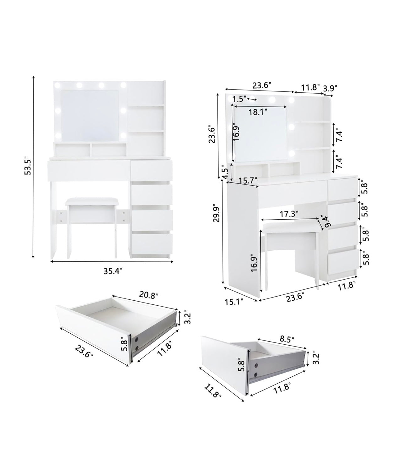 Vanity Mirror with Lights - White Makeup Vanity and Stool