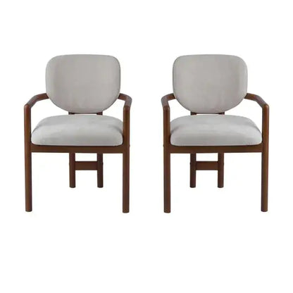 Set of 2 Beige Upholstered Dining Chairs, Wood Accent Armchairs