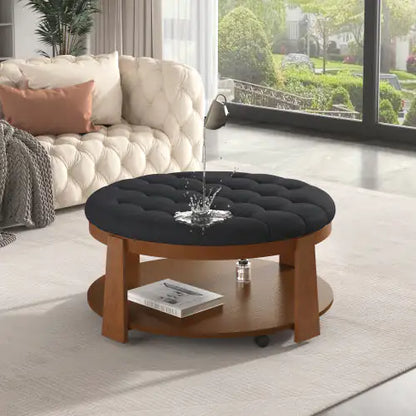 2 Tier Round Ottoman Coffee Table, Large Tufted Upholstered Table
