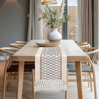 108" Boho Woven Table Runner with Tassels, Dining Table Runner