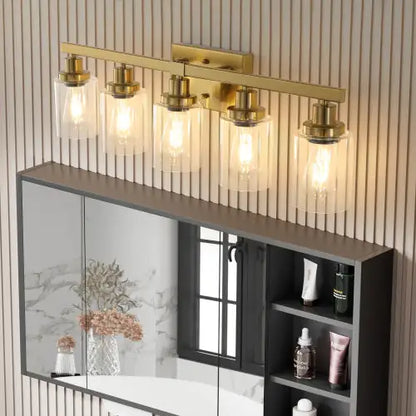 Gold Vanity Wall Light, Clear Glass Shades, Modern Bathroom Fixture