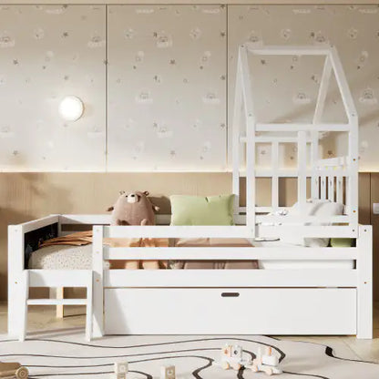 White House Bed for Kids Bedroom Kids Bed with Trundle & Ladder