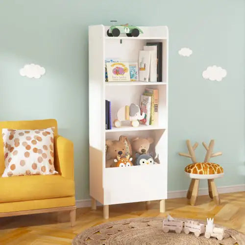4 Tier Kids Bookcase and Toy Organizer, White Kids Bookshelf
