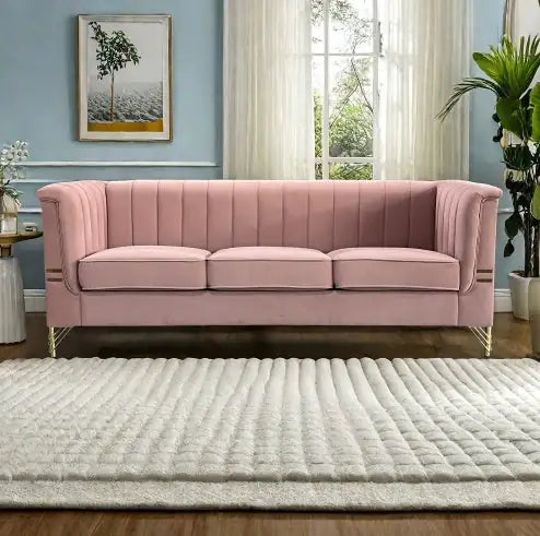 Velvet Sofa - Modern Upholstered Pink Sofa with Gold Legs