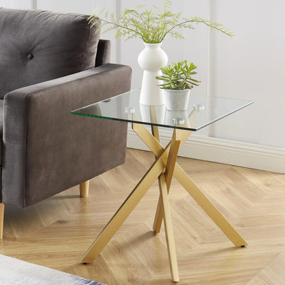 Tempered Glass Side Table, Gold Square End Table for Living Room