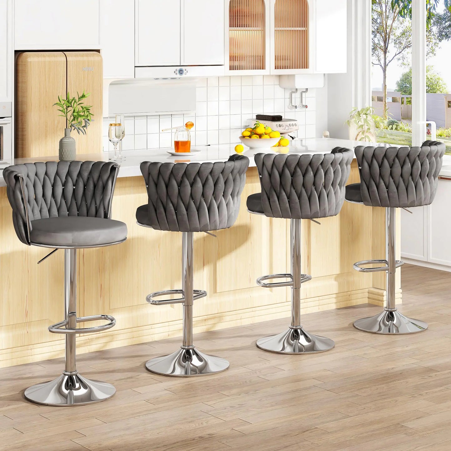 4 Grey Velvet Swivel Bar Stools with Backrest