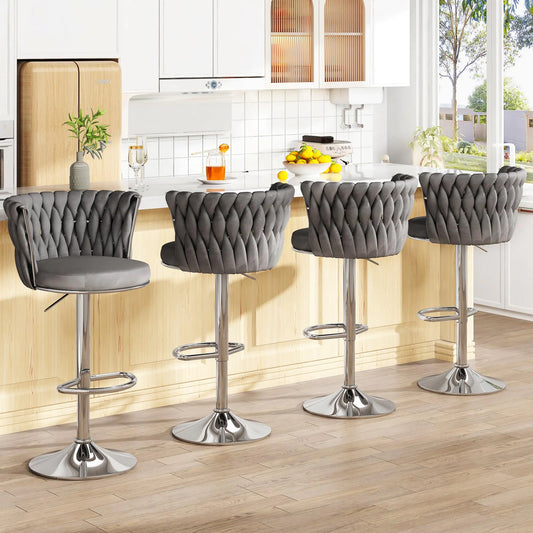 4 Grey Velvet Swivel Bar Stools with Backrest