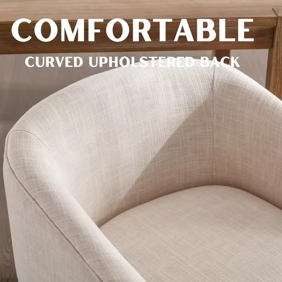 Beige Mid-Century Linen Upholstered Dining Chairs with Curved Backrest