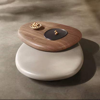 Swivel Wood Coffee Table, Dual-Tier Rotating Oval Center Table