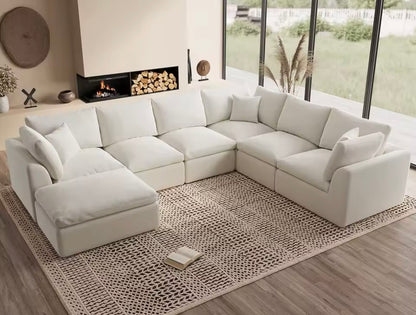 Large Convertible Warm White Sectional Sofa with Ottoman, Seats 7