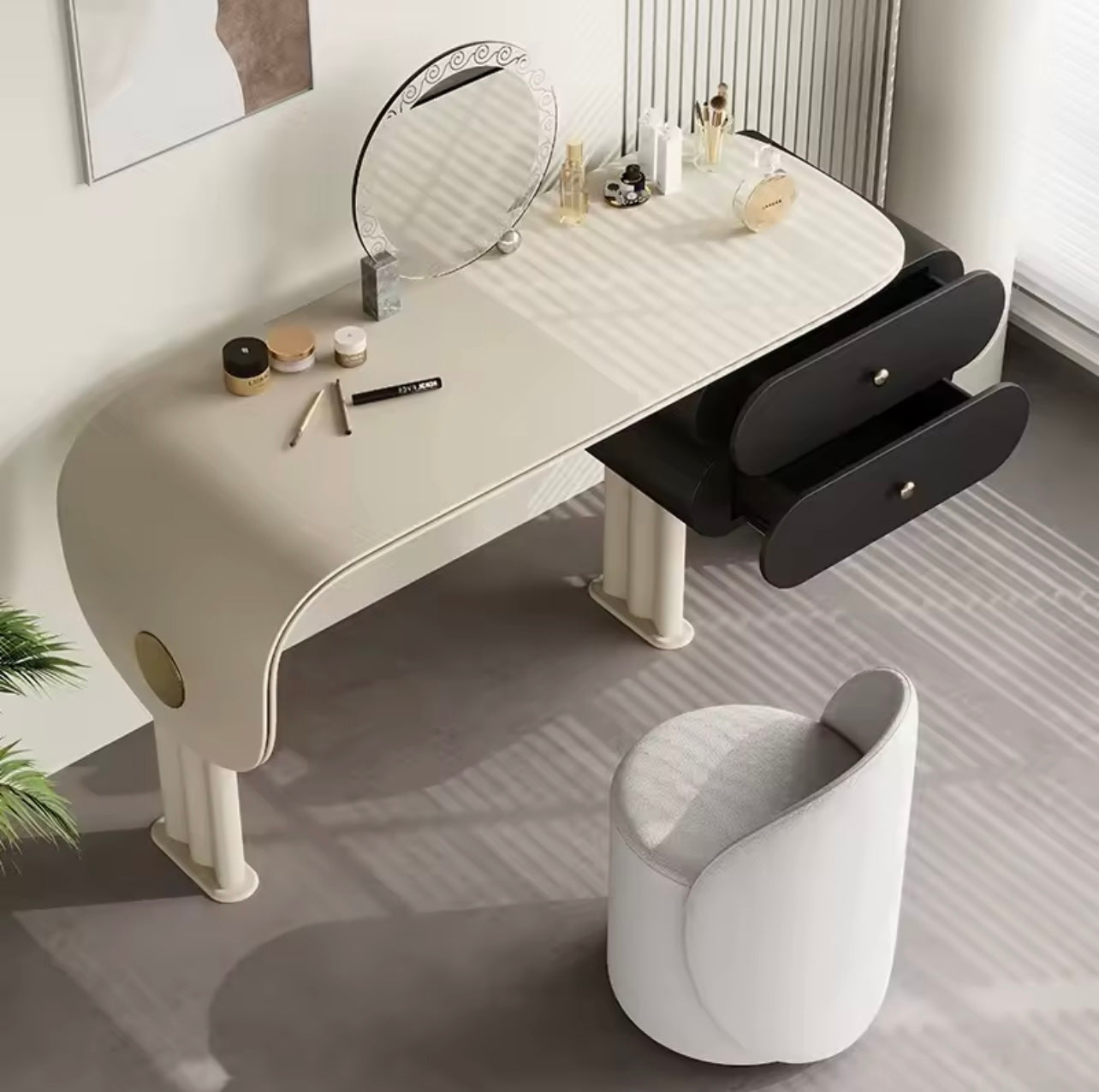 Adjustable Saddle Leather Vanity Set with Mirror & Stool
