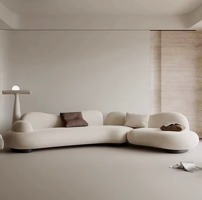 Classic Vintage Curved Sofa, Minimalist Beige Lounge Couch