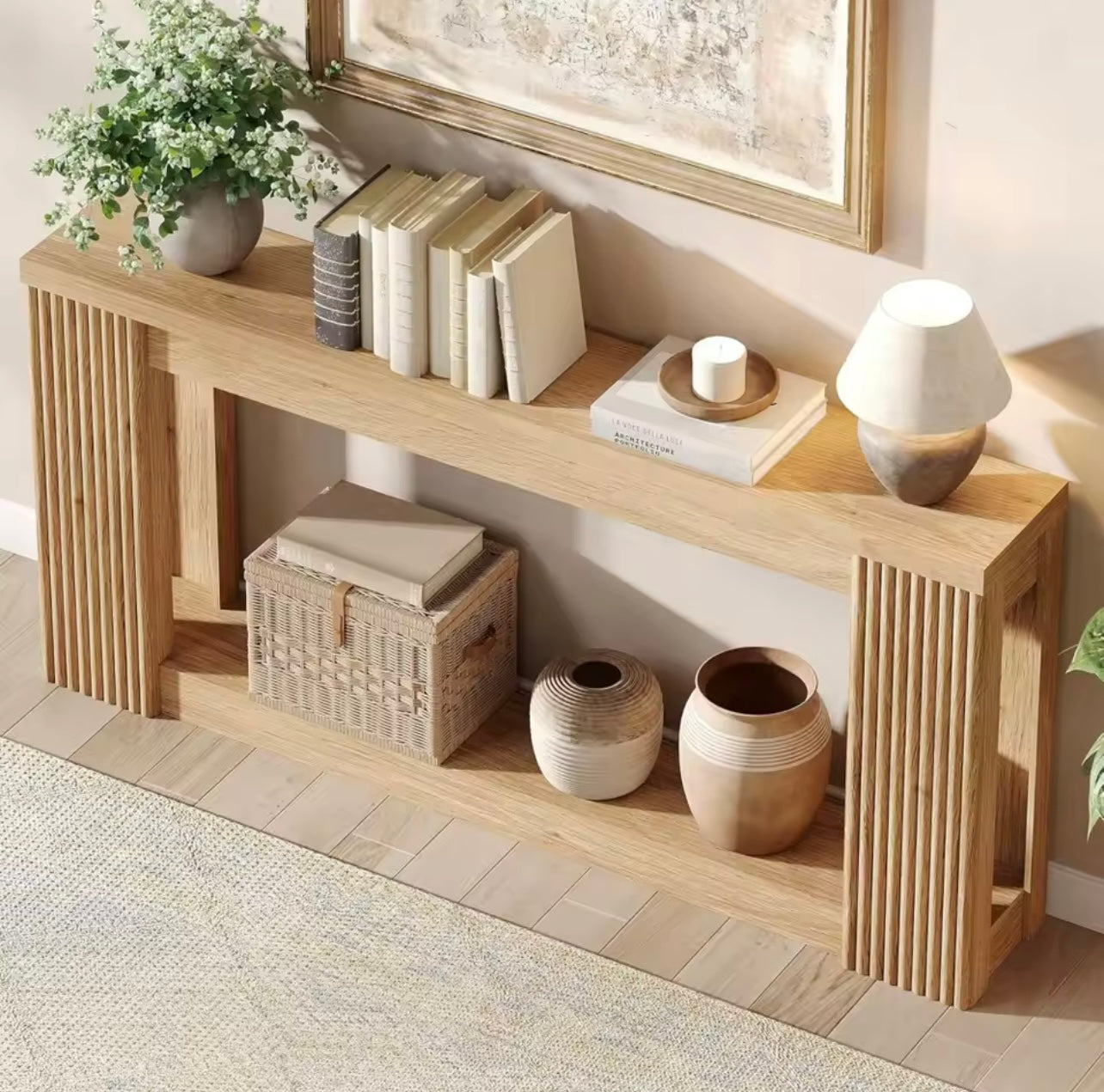 71” Farmhouse Console Table with Fluted Wood Design and Storage