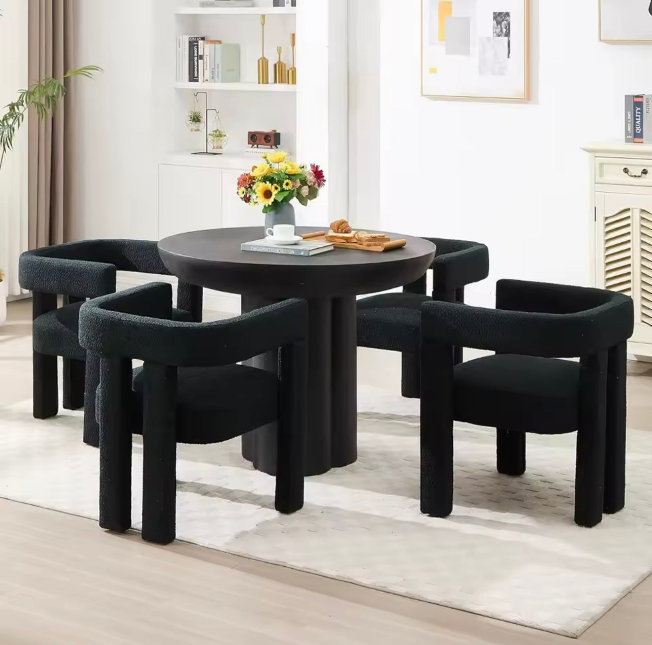 Set of 2 Modern Upholstered Black Teddy Accent Dining Chairs