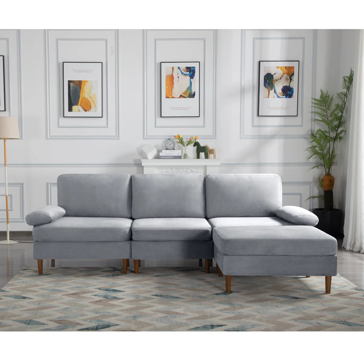 102" Gray Modular Velvet Sectional Sofa with Ottoman