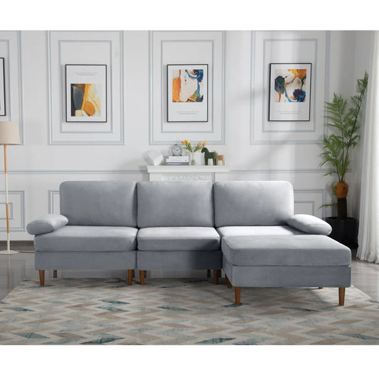 102" Gray Modular Velvet Sectional Sofa with Ottoman