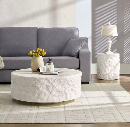 Round Cement Stone Drum Coffee Table, Fiberglass Faux Marble Finish