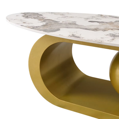 47.2" Marble Oval Coffee Table, Modern White and Gold Coffee Table