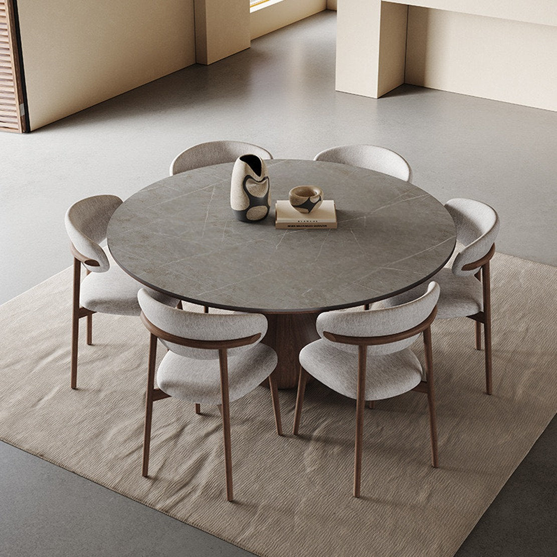 Round Sintered Stone Dining Table with Solid Wood Base