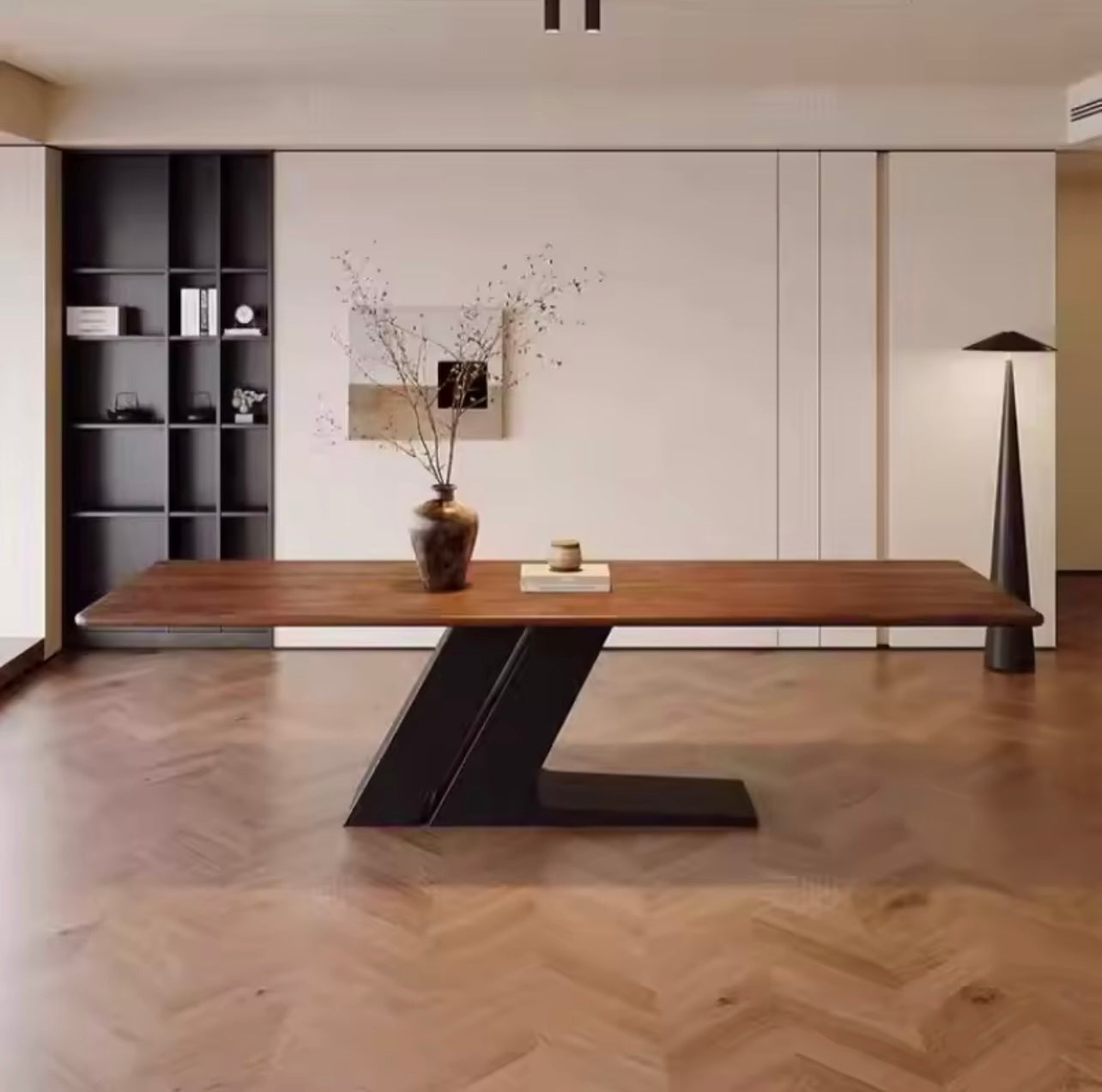 Longboard Spliced Top Dining Table with Carbon Steel Legs, Walnut