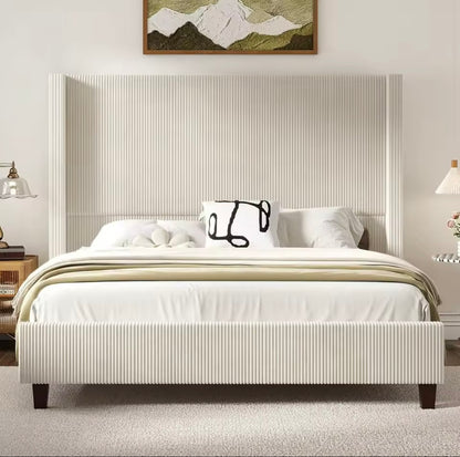 King Size Corduroy Upholstered Bed with Vertical Wingback Headboard