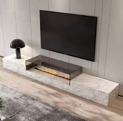 Italian Minimalist Marble TV Stand Set with Heat-Bent Glass & 3D Fireplace