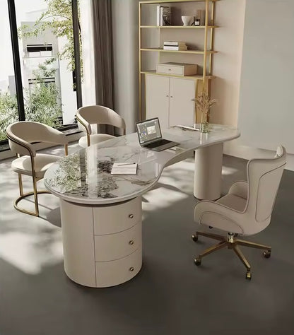 Leather-Edged Rock Slab Desk, Luxury White Executive Office Table