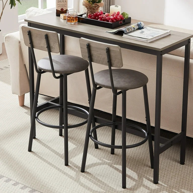 Grey Bar Table Set with 2 Upholstered Stools