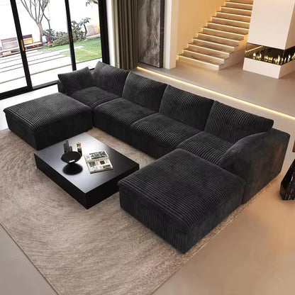 U-Shaped Corduroy Modular Cloud Sofa with Ottomans, 6-Seater Sofa