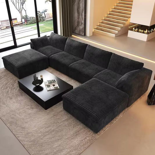 U-Shaped Corduroy Modular Cloud Sofa with Ottomans, 6-Seater Sofa
