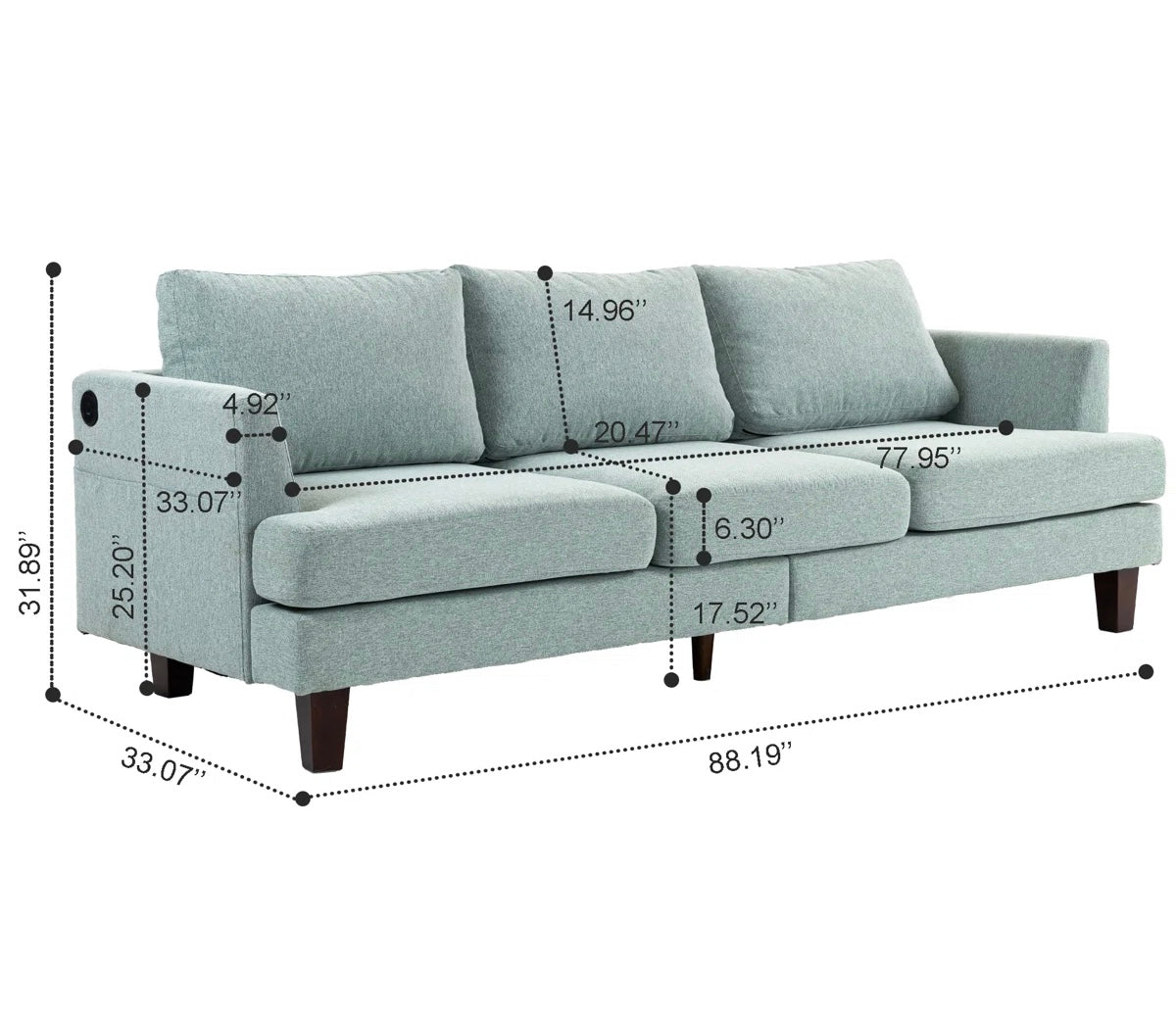 Light Green Fabric Sofa - 3 Seater Sofa with USB Charging Ports