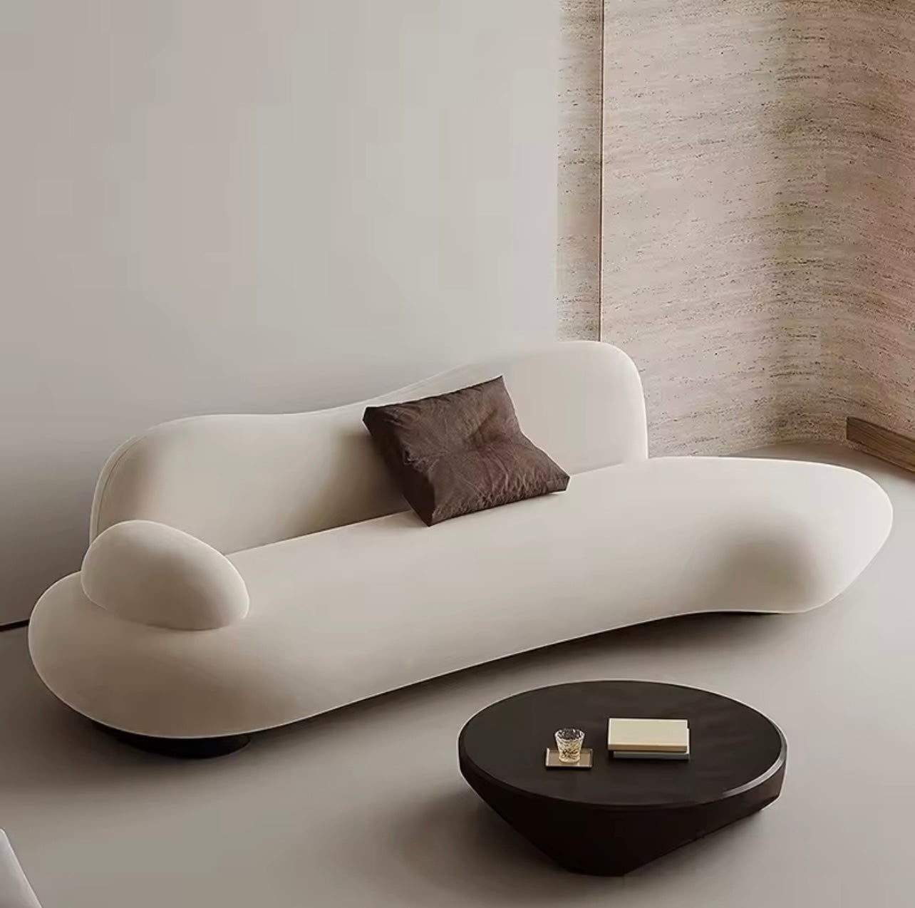 Classic Vintage Curved Sofa, Minimalist Beige Lounge Couch